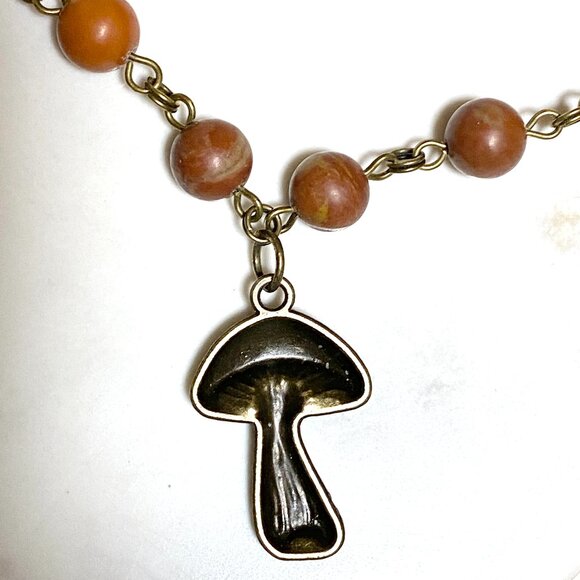 Earthy Polychrome Jasper Necklace, Bronze Slim Mushroom + Genuine Gemstone - Picture 5 of 15